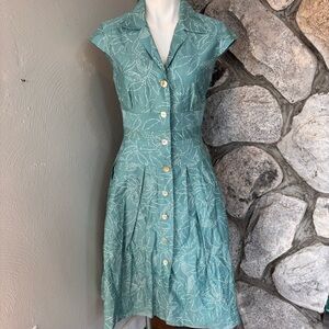 Liz Claiborne Fit N Flare Midi Elegant Teal Button-Down 50s Style Vintage Dress